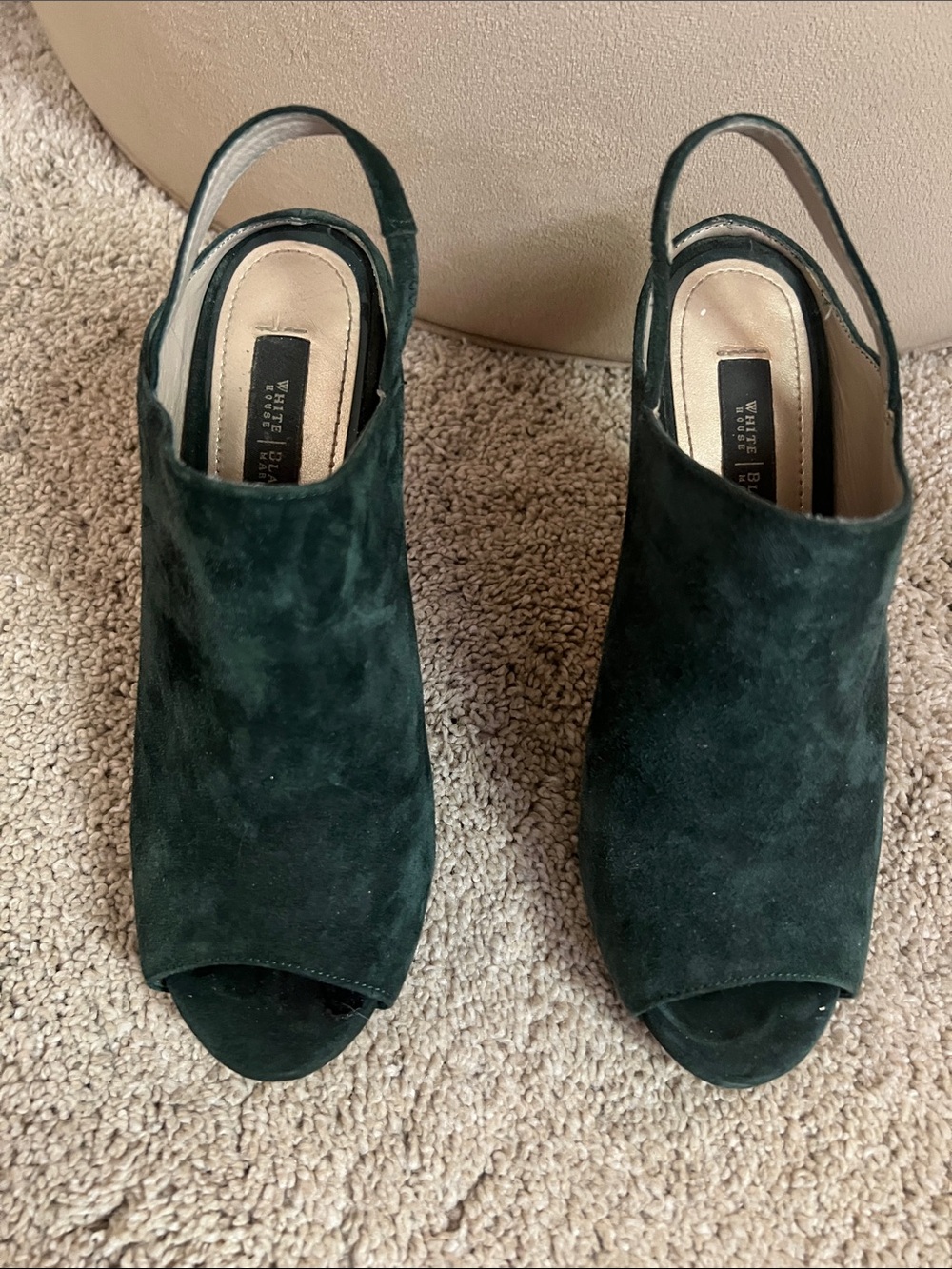 White House Black Market Forest Green Suede Peep-Toe Slingback Heels